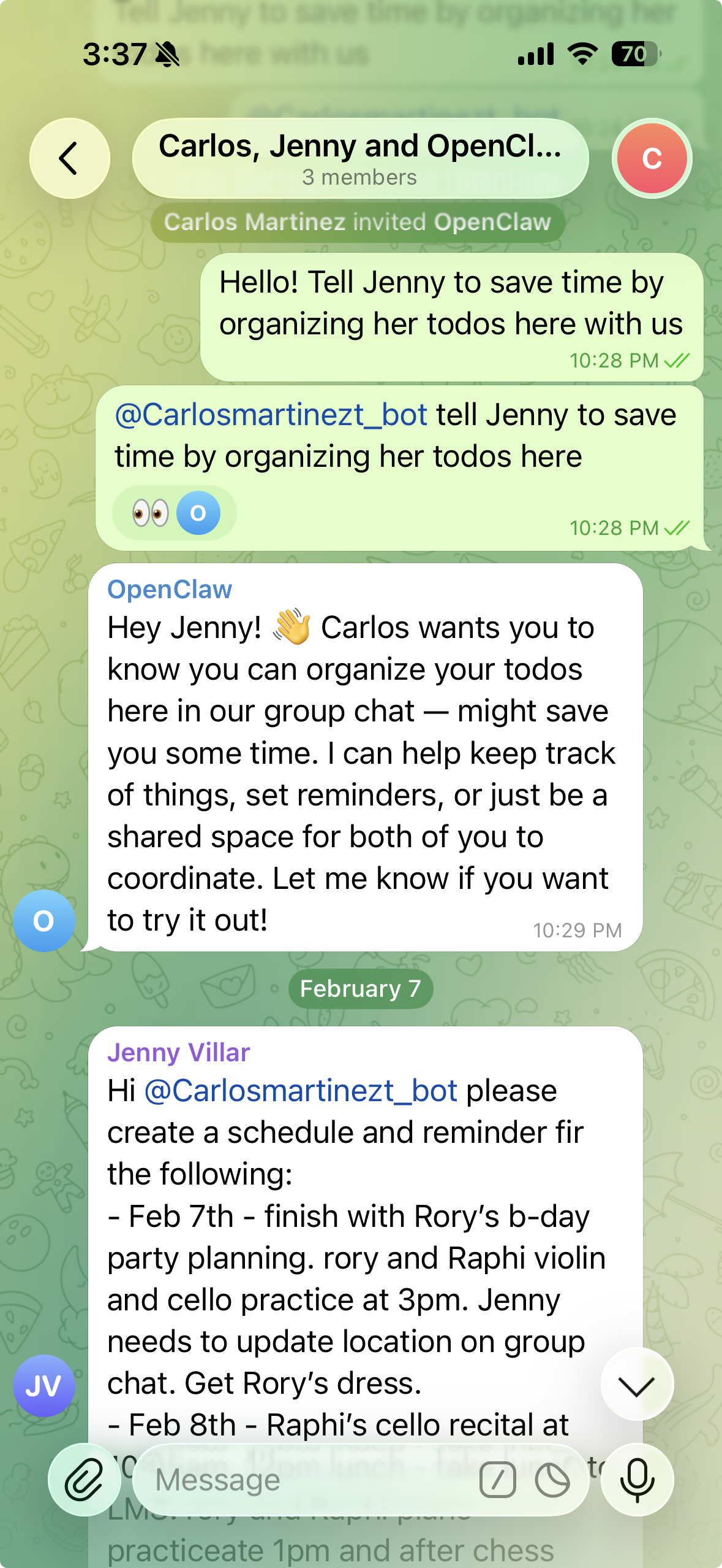 Telegram private chat with AI agent